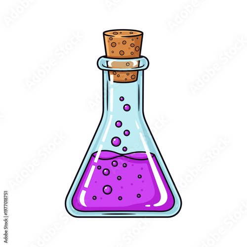 A colorful illustrated flask containing a bubbling purple liquid with a cork stopper.