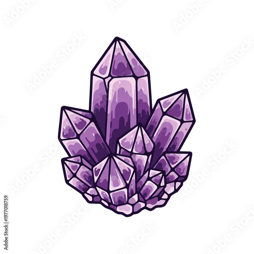 A cluster of vibrant purple amethyst crystals arranged in a natural formation.
