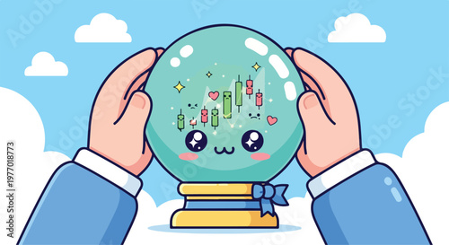 Cute kawaii crystal ball with stock market candlestick chart and smiling face held by hands