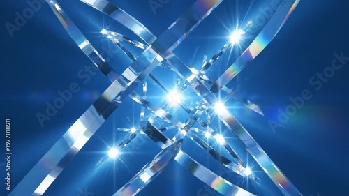 Abstract shimmering glass ribbon structure radiating light against a dark blue background with lens flares