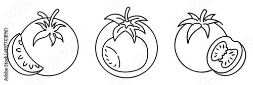 Line Art Illustration of Three Tomatoes with Slices Showing Seed Details
