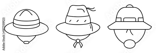 Outlined illustration of three different widebrimmed hats with chin straps or ties