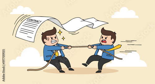 Two businessmen in a tug of war over a contract document symbolizing business dispute and legal conflict