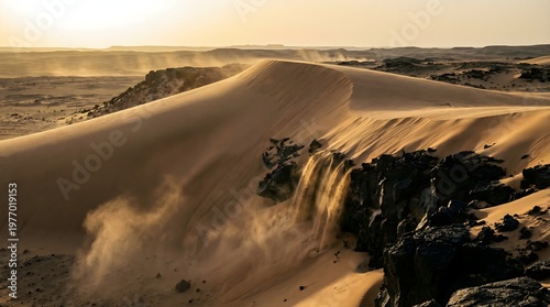 Wallpaper Mural Stunning sand waterfall cascading over dark rocks in desert dunes at golden hour, epic nature photography
 Torontodigital.ca