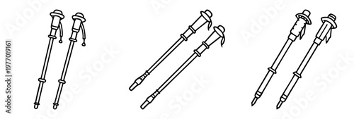 Black and white line art illustration of three pairs of trekking poles