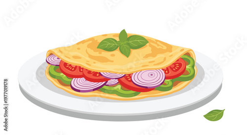 Delicious cooked omelet folded and filled with fresh chopped tomatoes and red onions and green peppers served on a white plate.