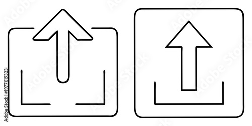 Two stylized monochrome illustrations of the upload icon with arrow pointing up