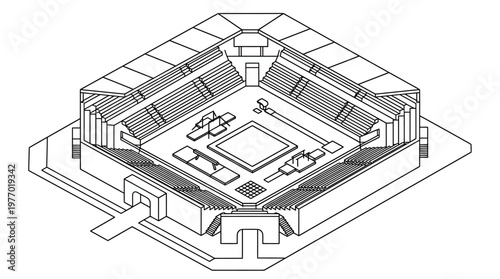 Isometric architectural illustration of pentagonal government headquarters complex.