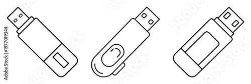 Three USB flash drives depicted in a minimalistic line art style