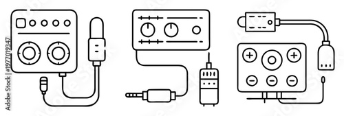 Handdrawn illustration of vintage audio equipment and connectors in a simplistic style