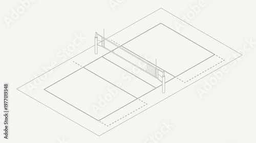 Isometric line drawing of an empty tennis court with center net.