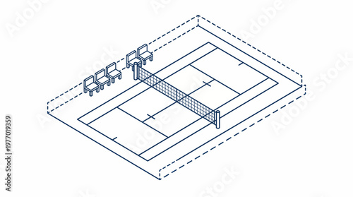 Isometric schematic illustration of two adjacent tennis courts with net.