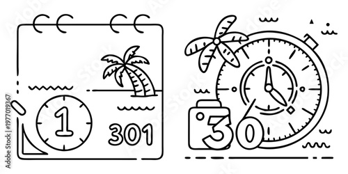 Monochromatic line art illustration contrasting vacation time with work deadlines