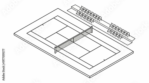 Aerial schematic illustration of a tennis court with bleacher seating.