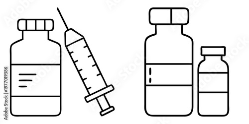 Outline of medical vials and syringe symbolizing healthcare and immunization efforts