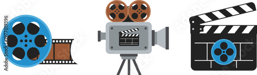 Film Production Icons Set with Movie Camera, Clapperboard and Film Reel Flat Vector Illustration for Cinema, Video Creation, and Media Industry Design Use