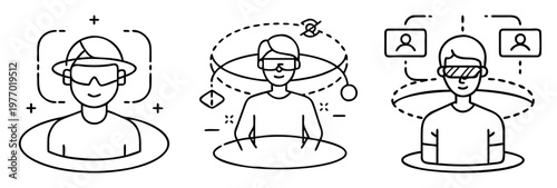 Set of VR User Experiencing Immersive Worlds with Virtual Reality Headsets