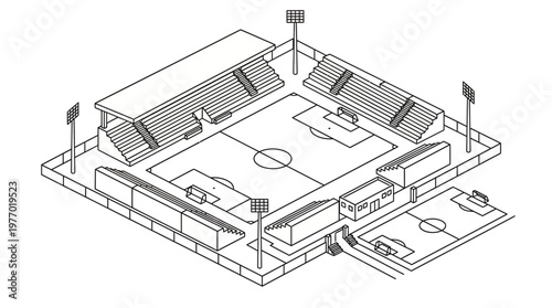 Isometric technical illustration of a soccer stadium architectural plan.