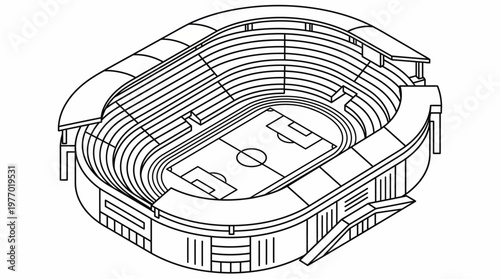 Isometric line drawing of a modern multipurpose sports stadium interior.