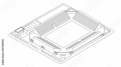 Isometric architectural line drawing of an outdoor stadium model.