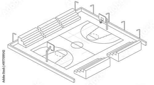 Isometric schematic illustration of an indoor basketball court with bleachers.