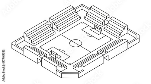 Isometric line drawing of a small rectangular soccer stadium with surrounding stands and entrances.