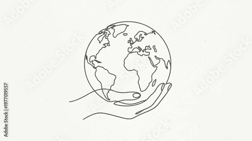 Minimalist line art illustration depicting hands gently cradling the Earth, symbolizing planet protection, global environmental care, and the concept of sustainability for future generations