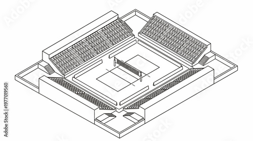 Isometric architectural drawing of a modern sports stadium with tiered seating and central court.