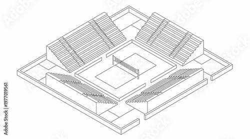 Isometric wireframe drawing of a modern sports stadium design with tiered seating.
