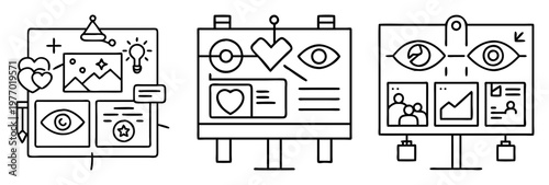 Three boards containing diverse icons representing ideas, analysis and marketing strategies