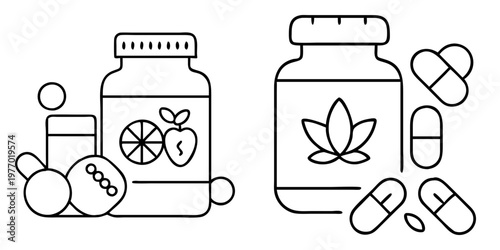 Line art illustration depicting vitamin bottles and capsules on a white background