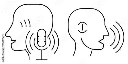 Black and white drawing of a head speaking into a microphone