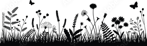 Black silhouettes of flowers grass and butterflies on white