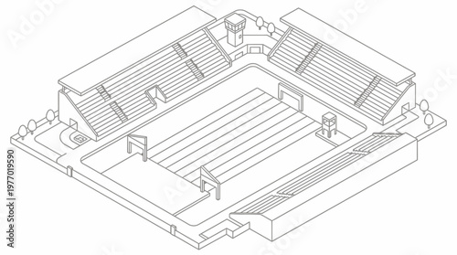 Isometric line drawing of an open-air athletics stadium with tiered seating and running track.