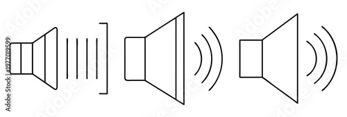 Black and white line drawing illustration of sound speakers broadcasting sound waves