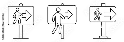 Three outline pedestrian crossing signs indicating the way, guidance, and direction