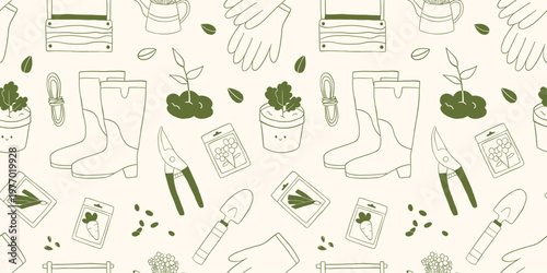 Vector seamless pattern with cute gardening and farm element in hand drawn outline monochrome style. Boots, glove, sprout, seed packet, smiling pot, tool repeat background for cozy agriculture print.