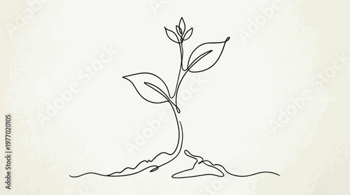 Minimalist continuous line art illustration of a young plant sprout with roots emerging from the soil, symbolizing growth, new beginnings, and vibrant natural development