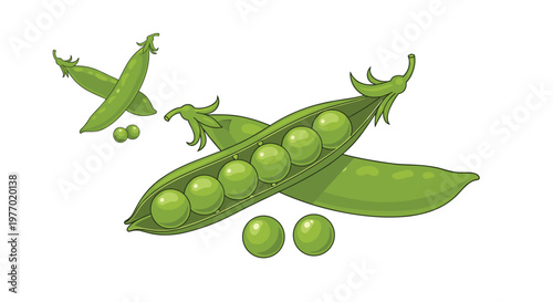 Several fresh green pea pods with one opened to reveal a row of round sweet peas inside alongside scattered individual peas.