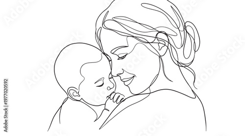 A tender moment mother and baby sharing an intimate embrace, captured in minimalist line art