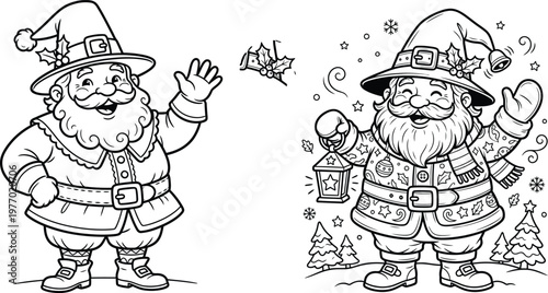 Christmas Santa Claus Coloring Page Characters Waving