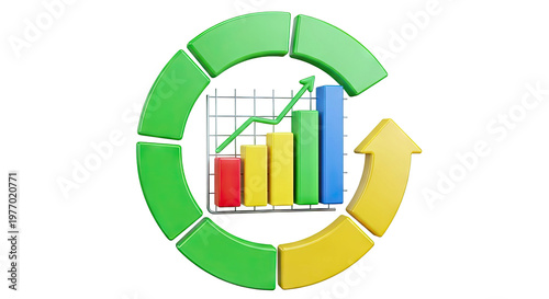 3D Bar Chart with Upward Arrow and Circular Arrows
