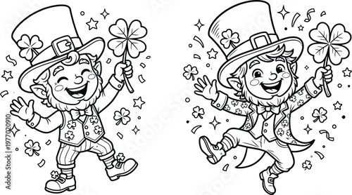 Happy Leprechauns Holding Four-Leaf Clovers, St. Patrick's Day Line Art