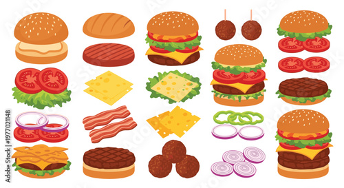 Wide array of burger components such as patties, cheese, buns, and vegetables is shown both separately and as fully assembled cheeseburgers.