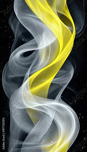 Contemporary Art with Graceful Swirling Lines and Dazzling Silver Particles Over a Dark Background