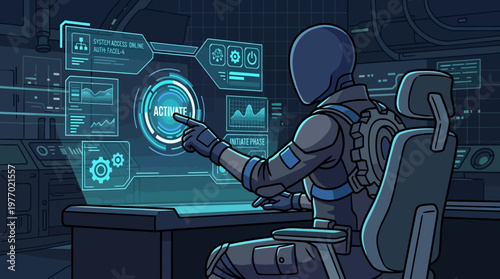 Robot activates futuristic system with a glowing blue interface in a high tech room with various screens and controls.