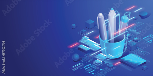 Modern workplace technology concept Digital office supplies and productivity tools Futuristic environment. Isometric neon illustration corporate workflow, organization and business efficiency