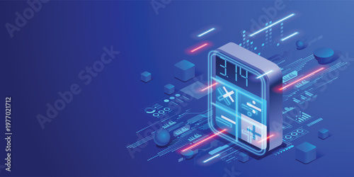 Financial analytics technology concept Digital calculator and data visualization elements Accounting, budgeting and corporate performance analysis. Illustration for fintech and business intelligence