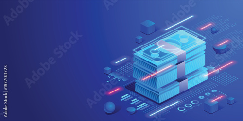 Digital investment and capital management Stacked cash and futuristic financial interface. Isometric neon illustration fintech innovation, portfolio growth, wealth strategy and global business finance