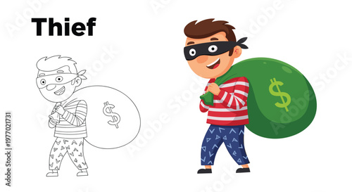 Playful cartoon thief character in a striped shirt carries a large green sack filled with money next to a line art version for kids coloring.
